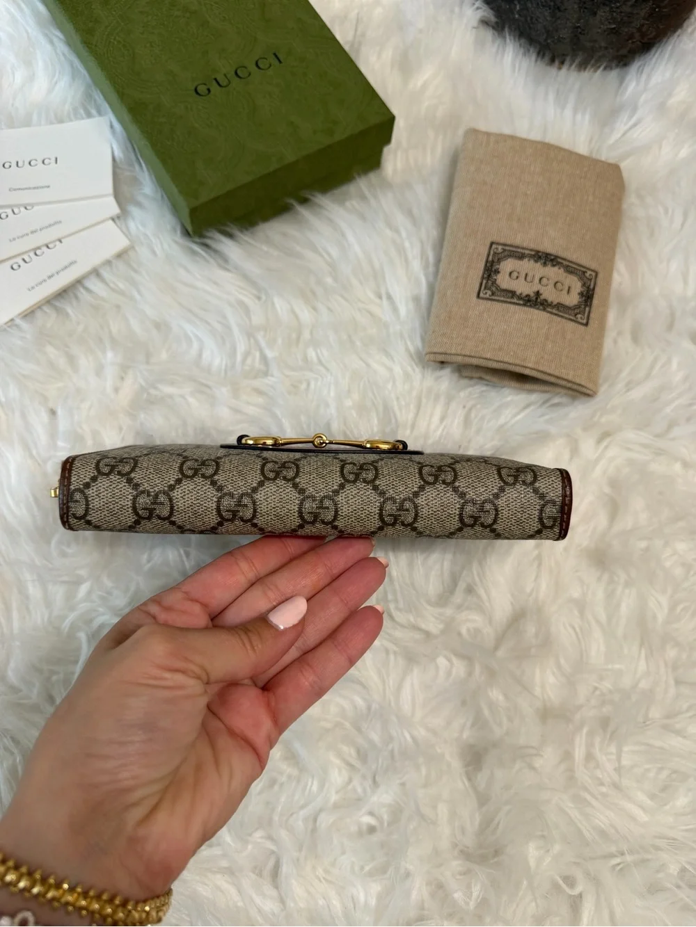 Gucci GG Supreme Zip Card Holder with Brown Leather & Gold Horsebit